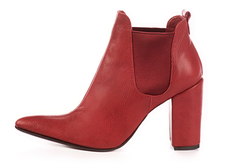 Scarlet red women's ankle boots, with elastics. Tapered toe. Very high block heels. Profile view - Florence KOOIJMAN